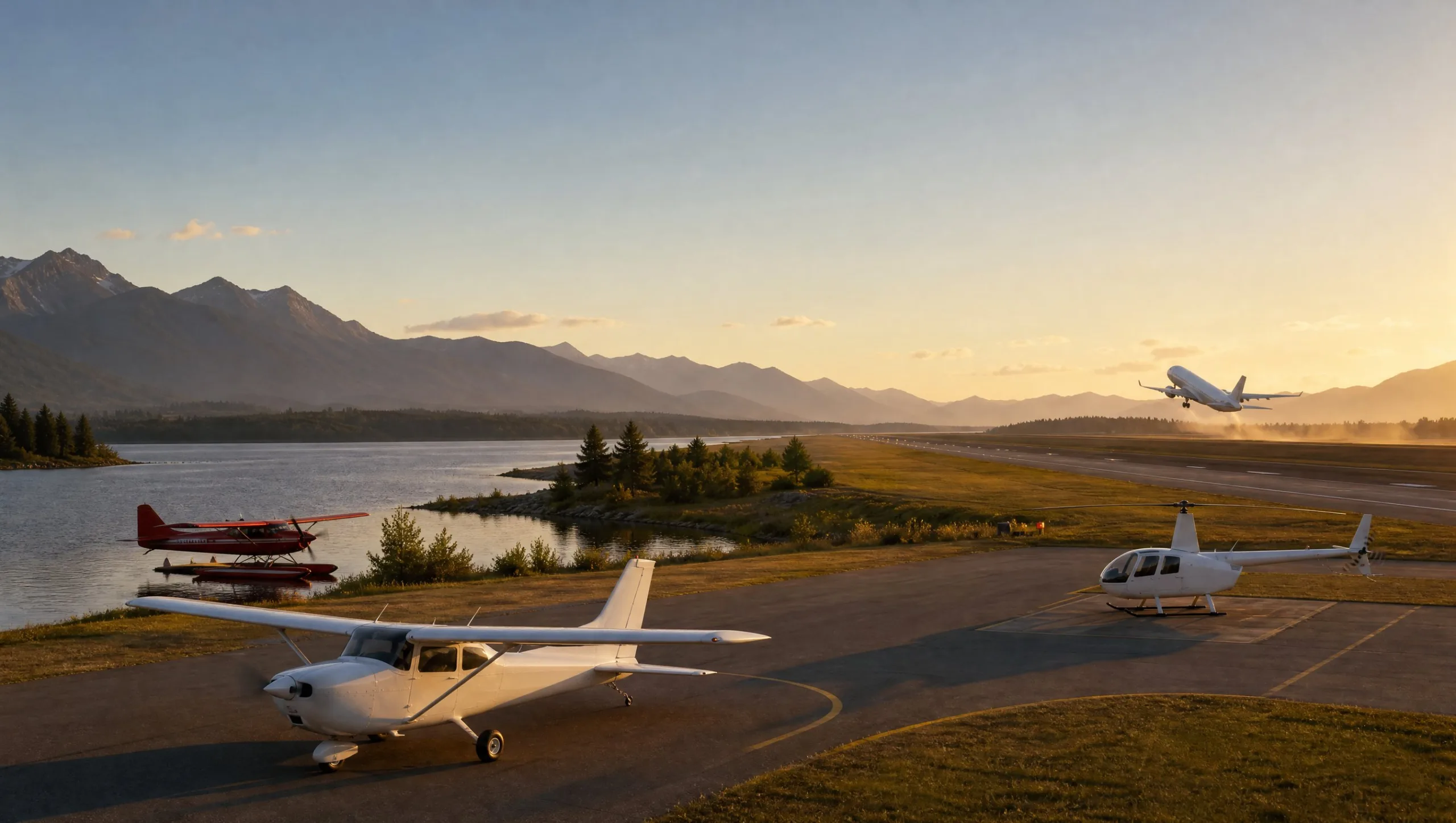 A lakeside airfield at golden hour with a trainer, a floatplane, a helicopter and an airliner taking off