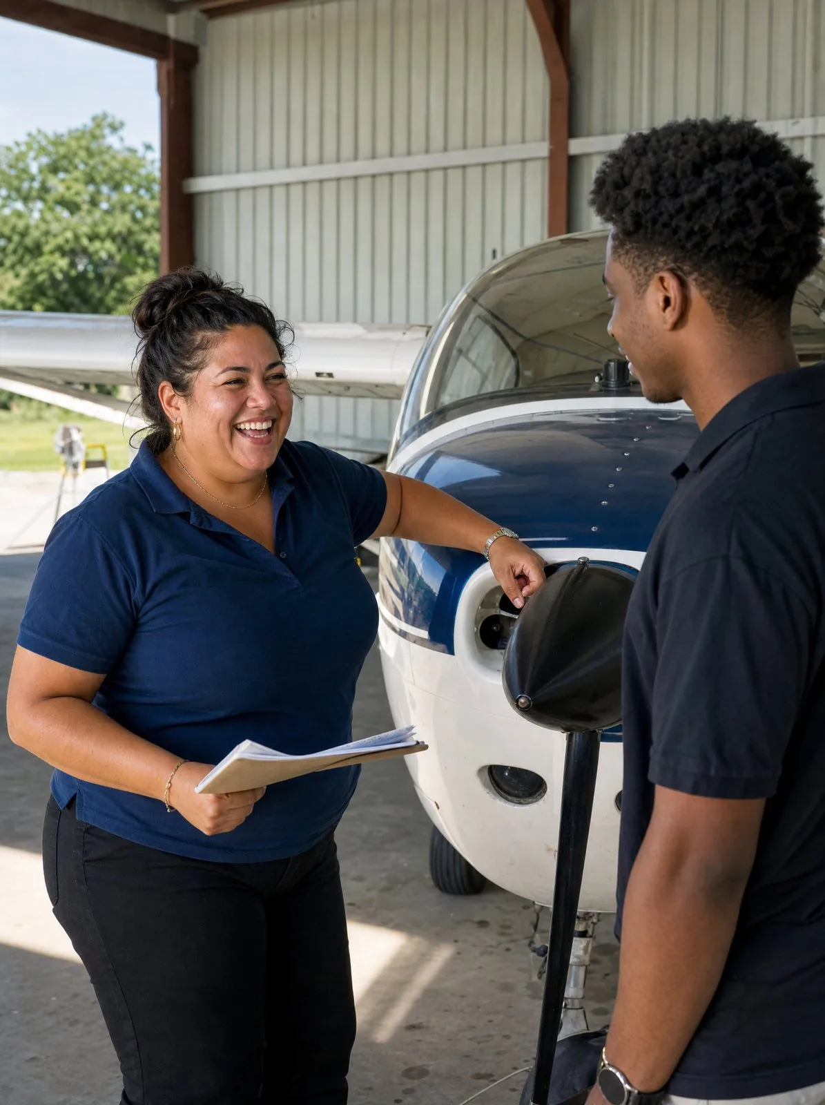 A flight instructor and her student go over the flight in the hangar