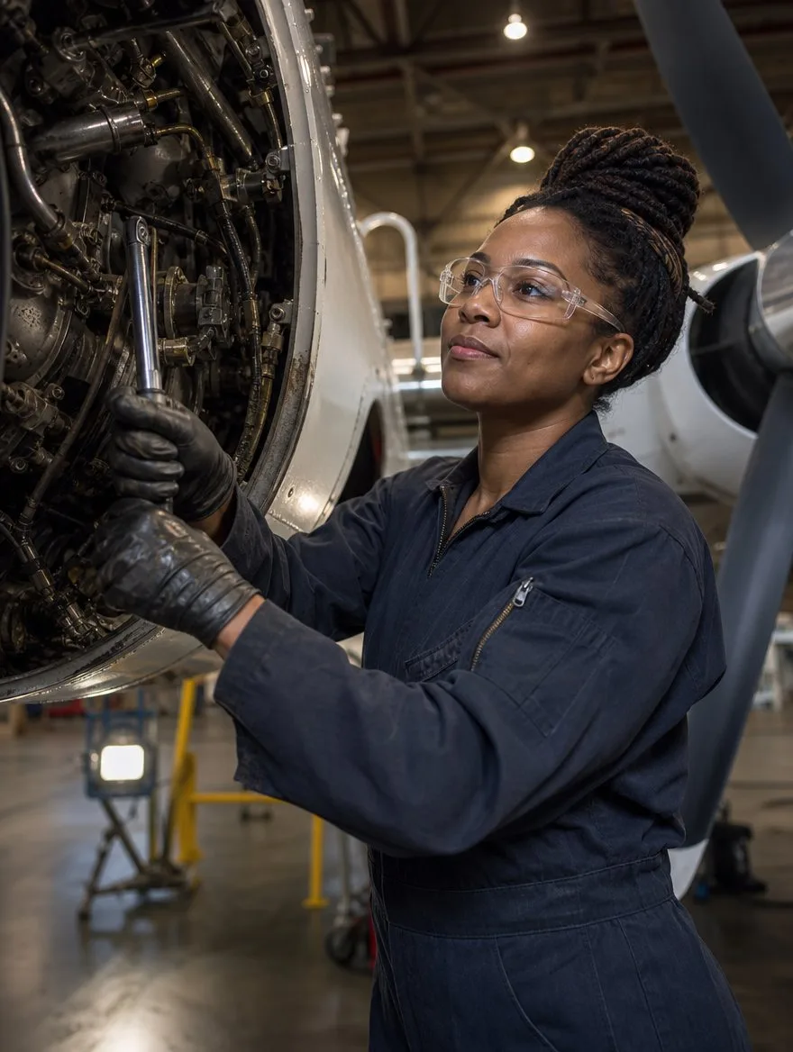 An aircraft mechanic stands proudly by a turboprop engine in the hangar