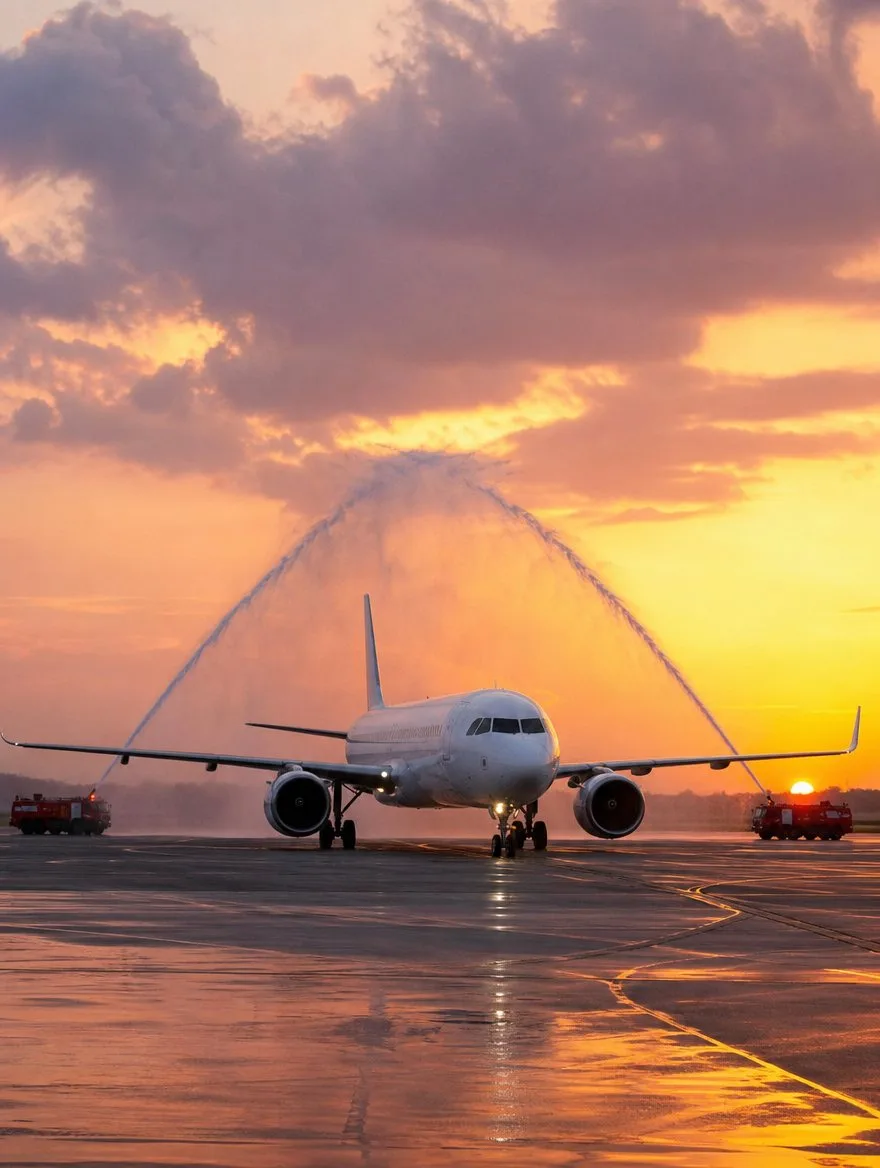 An airliner taxis under a water salute on a pilot's last flight