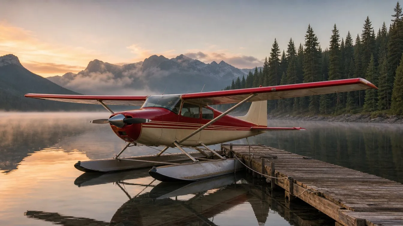 A floatplane moored at a dock on a still lake at dawn