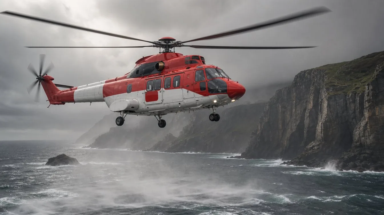 A rescue helicopter hovers over rough sea by the cliffs