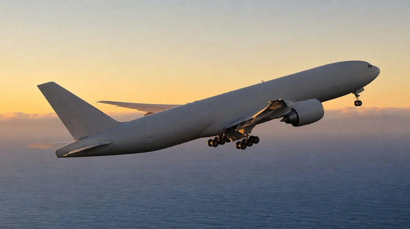 A freighter climbs out over the ocean at sunrise