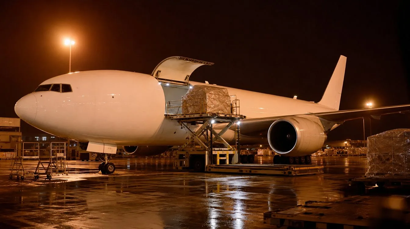 A freighter is loaded through its side cargo door at night