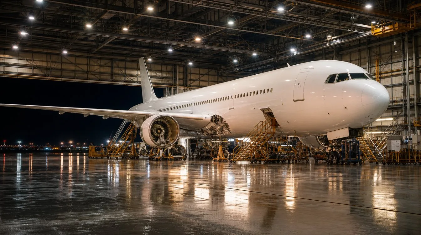 A wide-body airliner in the maintenance hangar at night