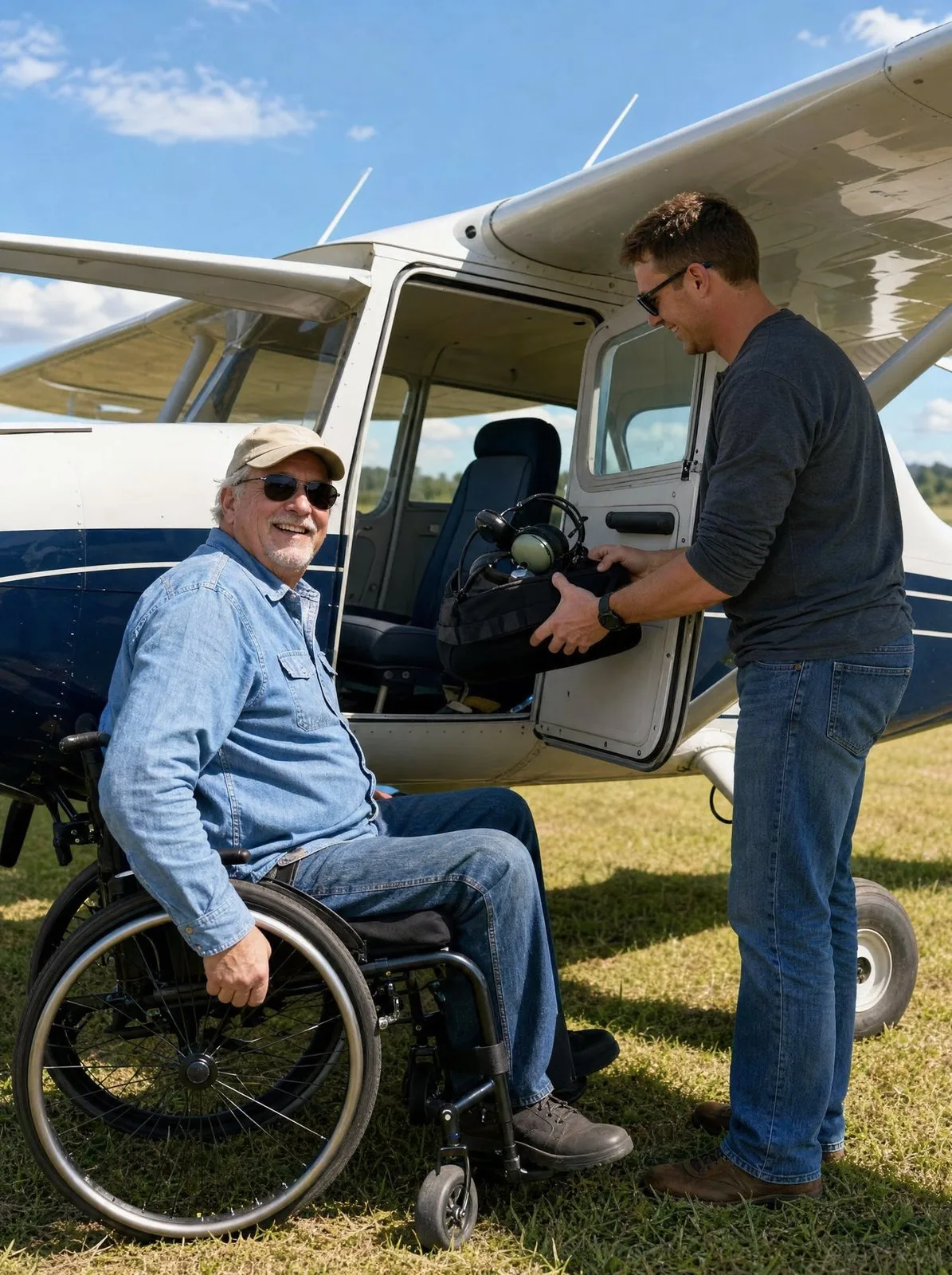 A private pilot who uses a wheelchair smiles beside his trainer on a grass field