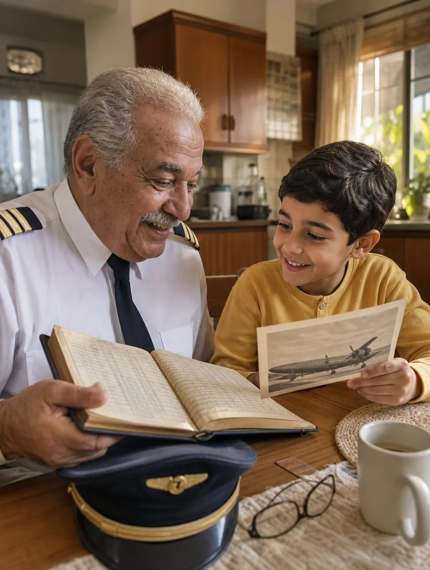A retired captain shows his old logbook to his grandson
