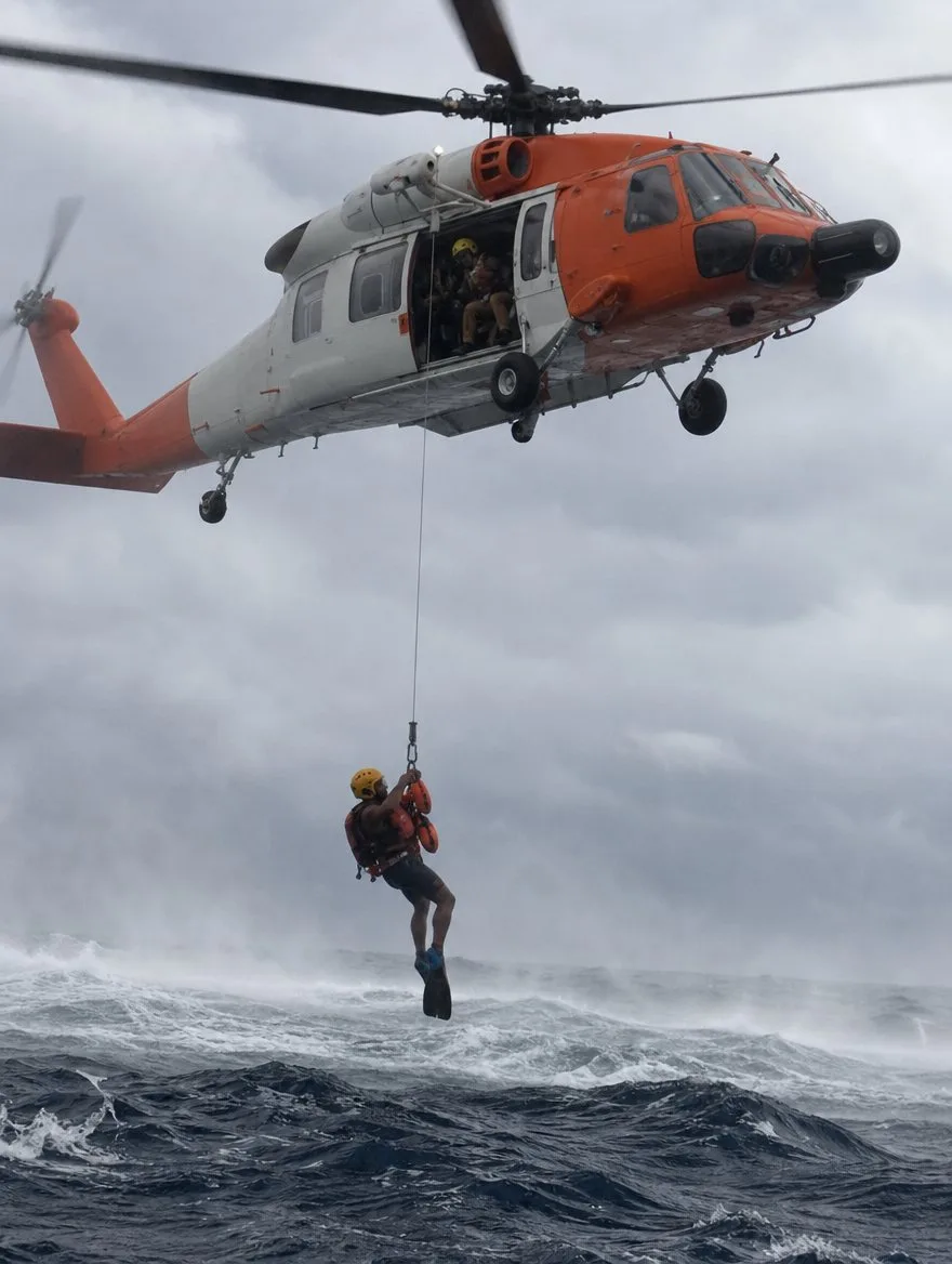A search and rescue pilot beside a rescue helicopter by the sea
