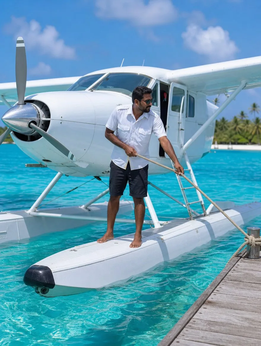 A seaplane pilot relaxes on the float over turquoise water