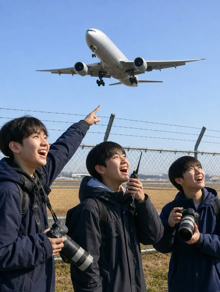 Teen plane spotters cheer at the airport fence