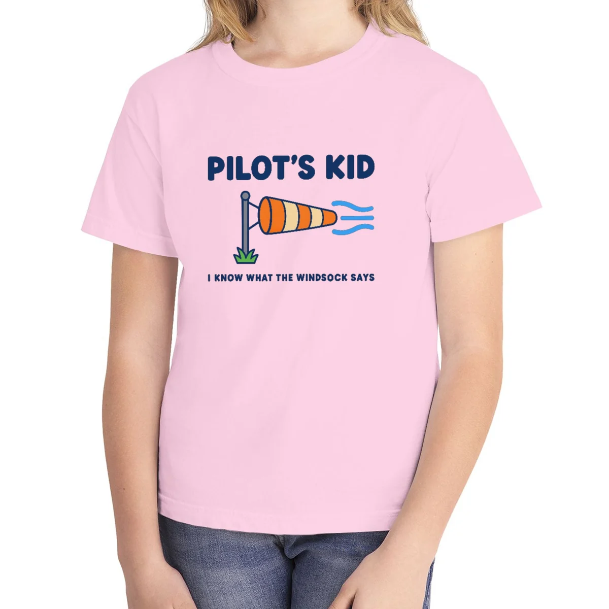 Pilot's Kid Windsock kids tee in Blossom, Comfort Colors 9018 youth tee, front view