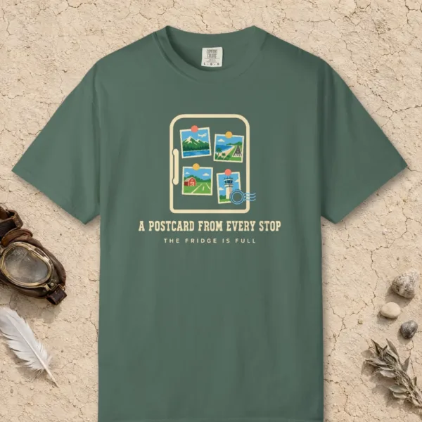 Postcard from Every Stop Tee in Blue Spruce, front view