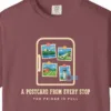 Postcard from Every Stop Tee in Brick, close-up
