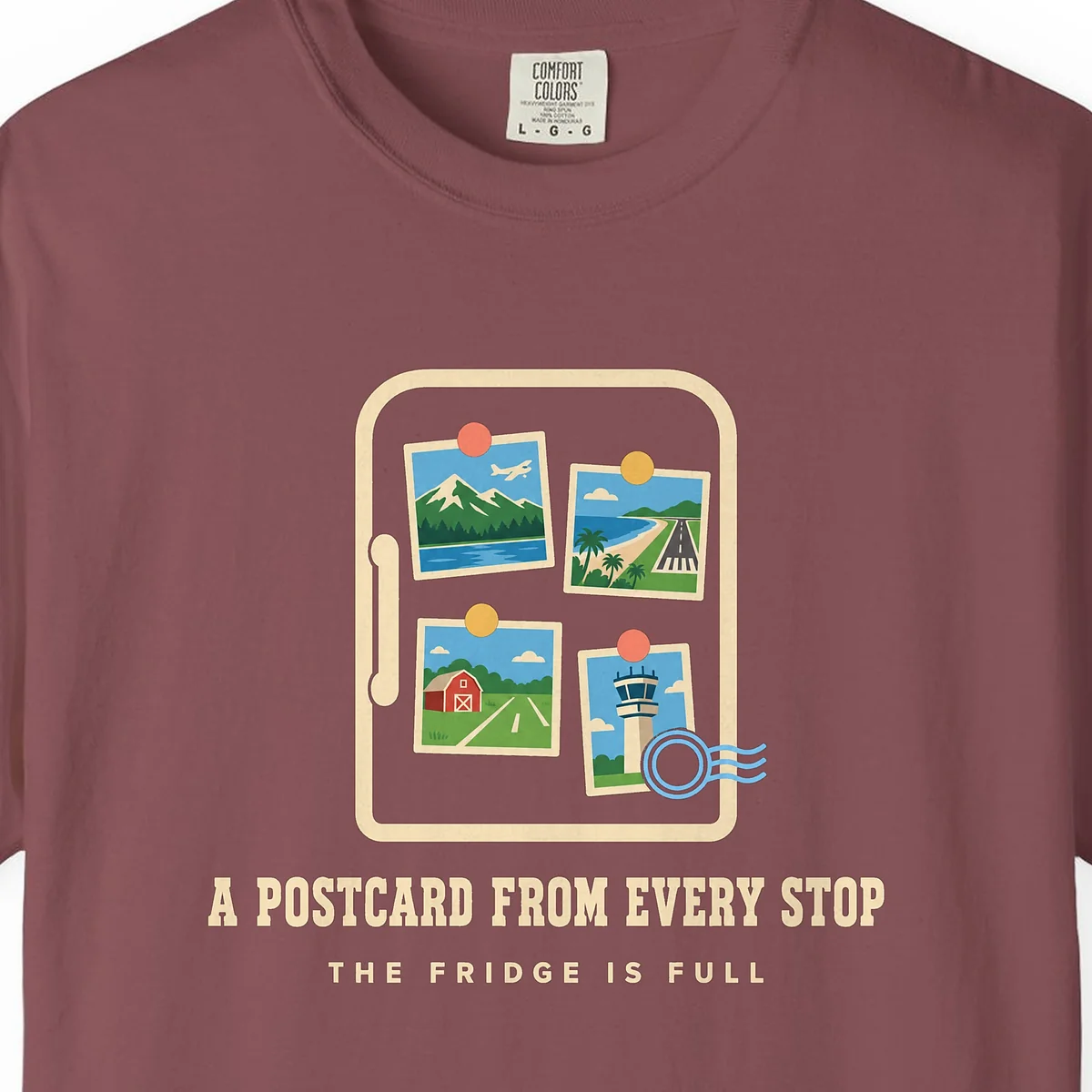 Postcard from Every Stop Tee in Brick, close-up