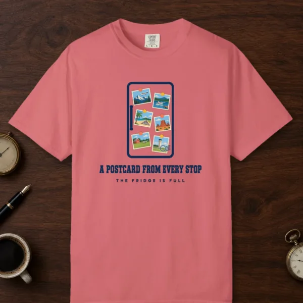 Postcard from Every Stop Tee in Watermelon, front view