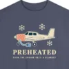 Close-up of the Preheated design printed on a Denim Comfort Colors 1566 sweatshirt, with the ribbed collar