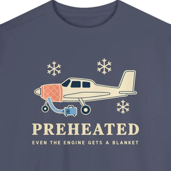 Close-up of the Preheated design printed on a Denim Comfort Colors 1566 sweatshirt, with the ribbed collar