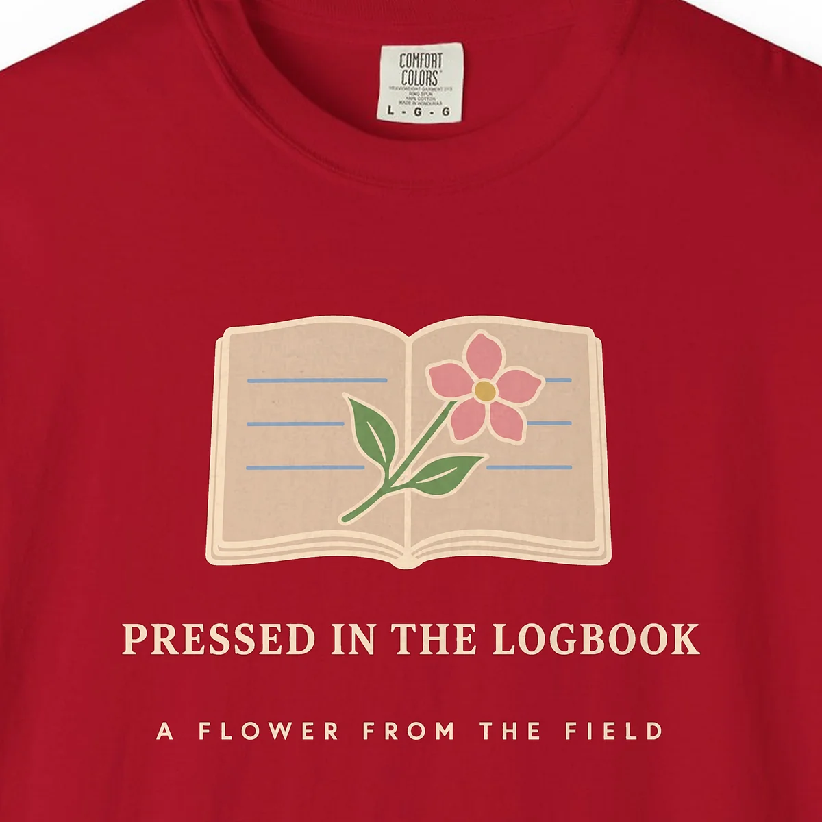 Pressed in the Logbook Tee in Red, close-up