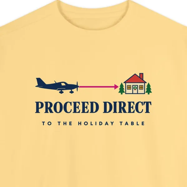 Close-up of the Proceed Direct design printed on a Butter Comfort Colors 1566 sweatshirt, with the ribbed collar