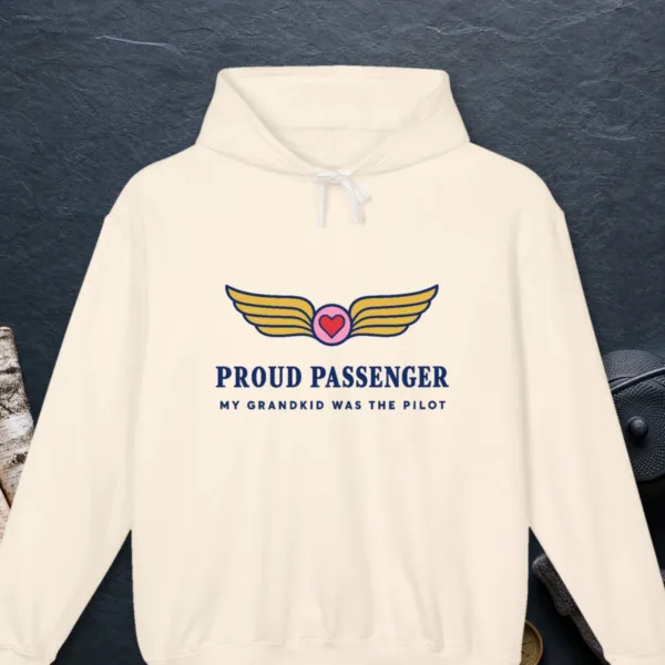 proud-passenger-hoodie-ivory-front-v1 Proud Passenger design on the Comfort Colors 1467 hoodie in Ivory, front view