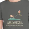 Close-up of the Read the Wind design on the Pepper kids tee, Comfort Colors 9018 youth tee, with the neckline