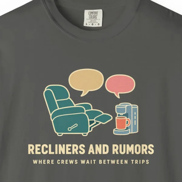 recliners-and-rumors-tee-pepper-chest Recliners and Rumors Tee in Pepper, close-up