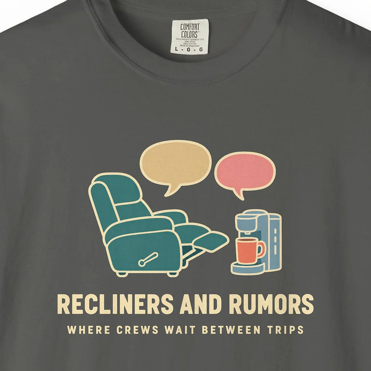 Recliners and Rumors Tee in Pepper, close-up