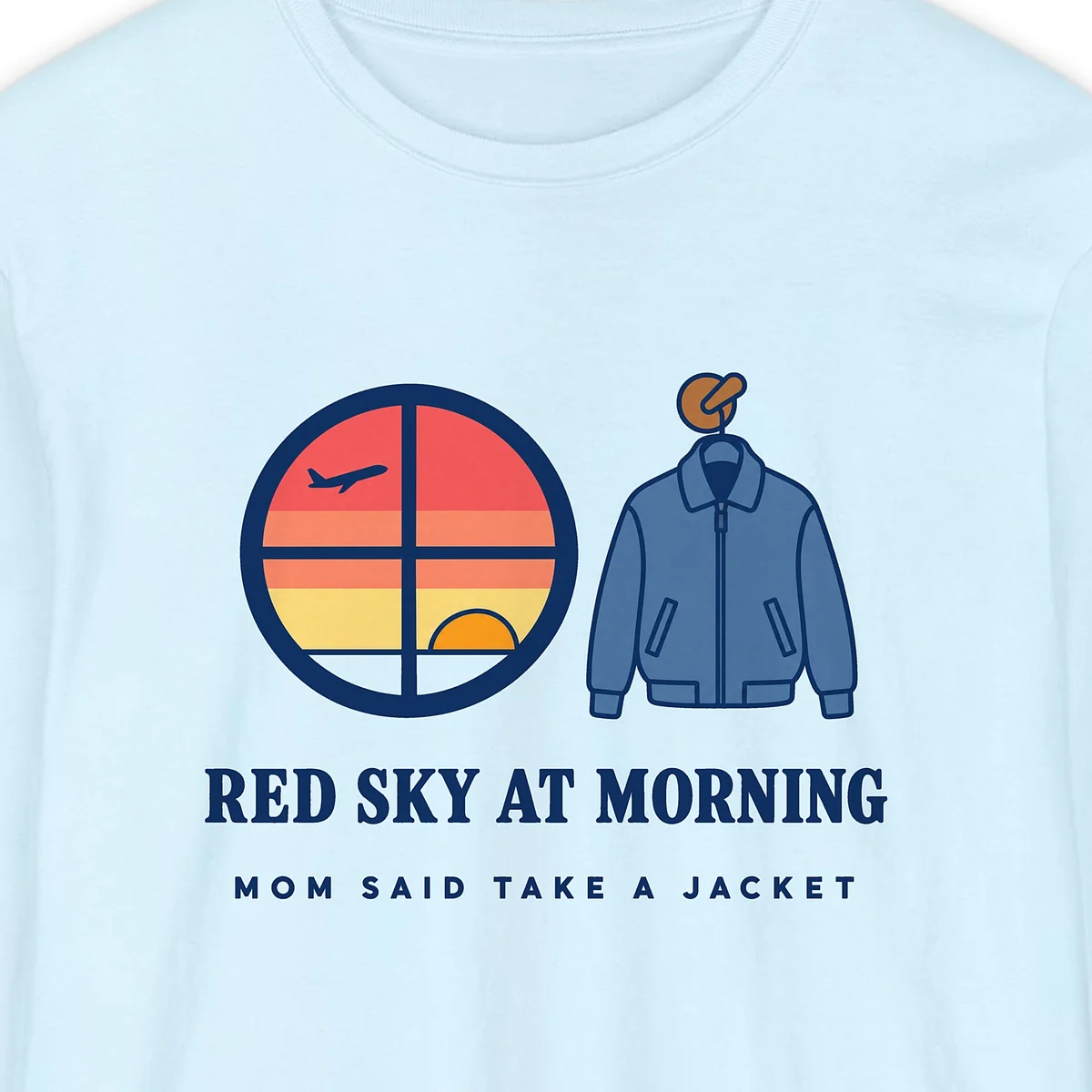 red-sky-at-morning-long-sleeve-tee-chambray-chest Red Sky at Morning design on a Chambray Comfort Colors 6014 long-sleeve tee, close-up of the print