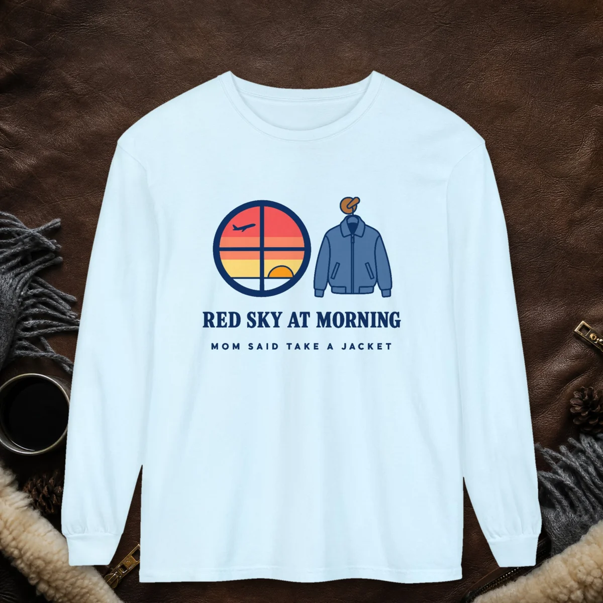 Red Sky at Morning design on a Chambray Comfort Colors 6014 long-sleeve tee, front view