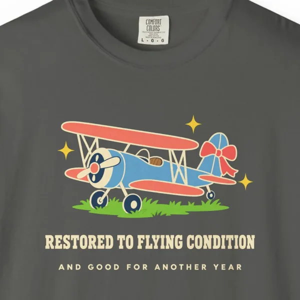 Restored to Flying Condition Tee in Pepper, close-up