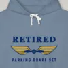 retired-parking-brake-set-hoodie-blue-jean-chest-v1 Retired Parking Brake Set design on the Comfort Colors 1467 hoodie in Blue Jean, close-up of the print