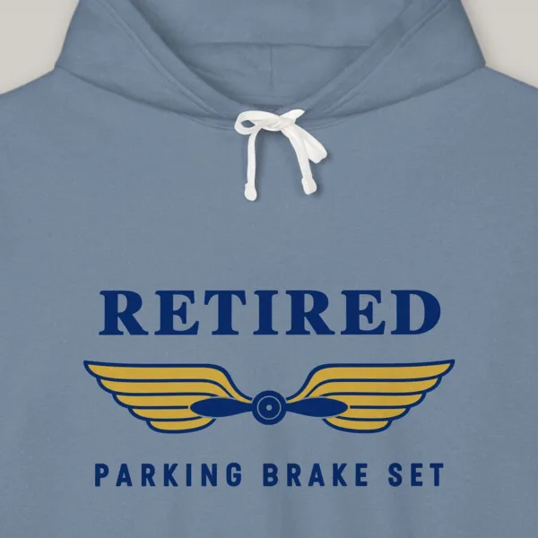 retired-parking-brake-set-hoodie-blue-jean-chest-v1 Retired Parking Brake Set design on the Comfort Colors 1467 hoodie in Blue Jean, close-up of the print