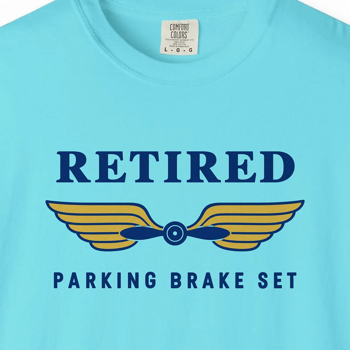 Retired Parking Brake Set Tee in Lagoon Blue, close-up
