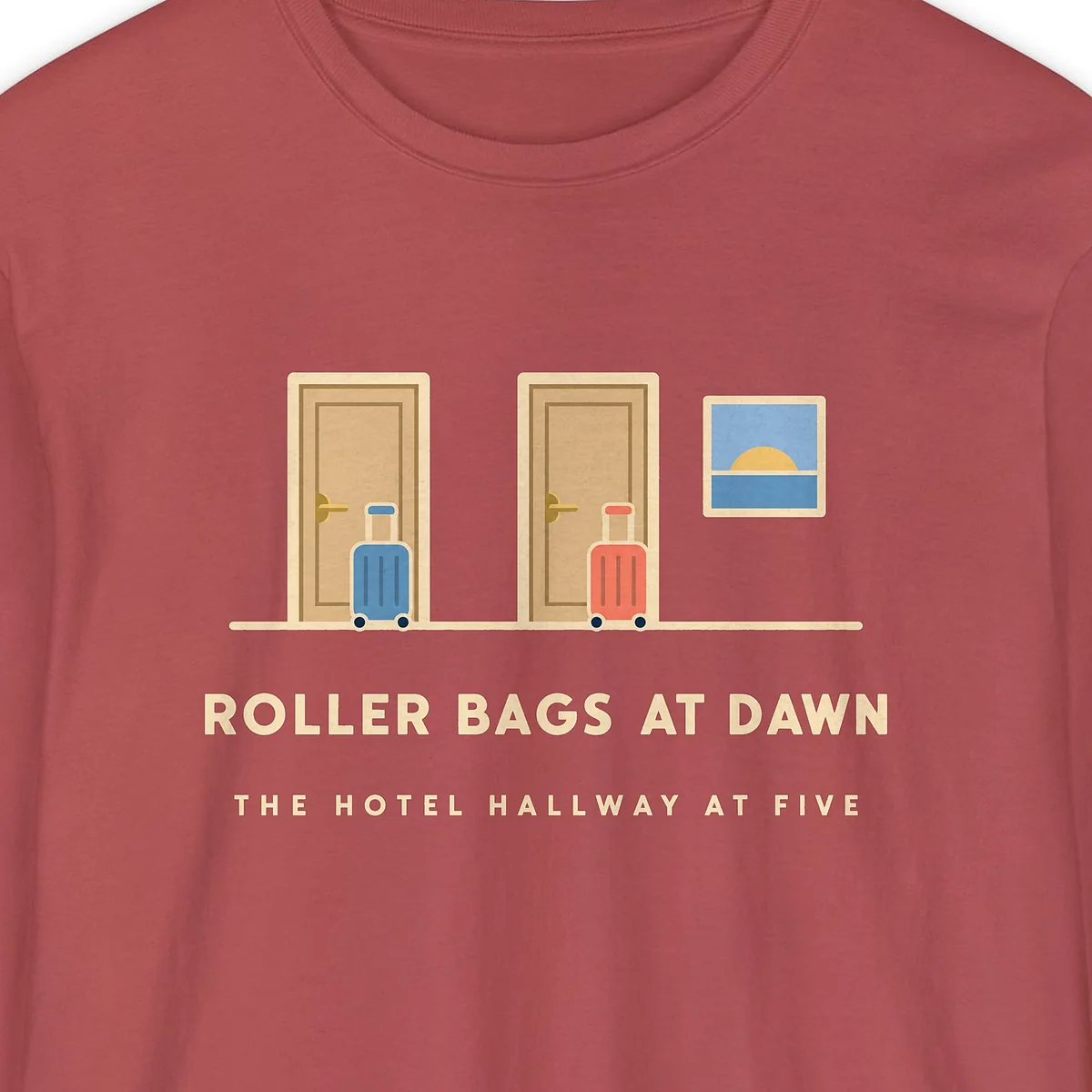 roller-bags-at-dawn-long-sleeve-tee-crimson-chest Roller Bags at Dawn design on a Crimson Comfort Colors 6014 long-sleeve tee, close-up of the print