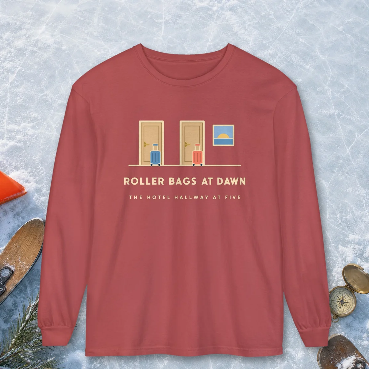 Roller Bags at Dawn design on a Crimson Comfort Colors 6014 long-sleeve tee, front view