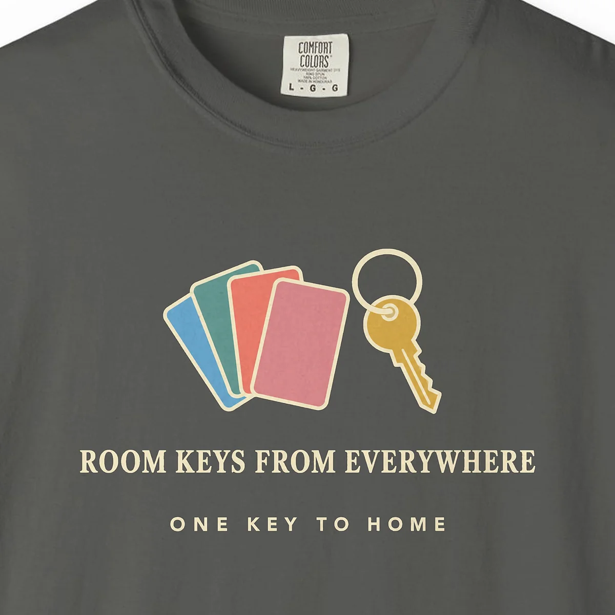 Room Keys from Everywhere Tee in Pepper, close-up
