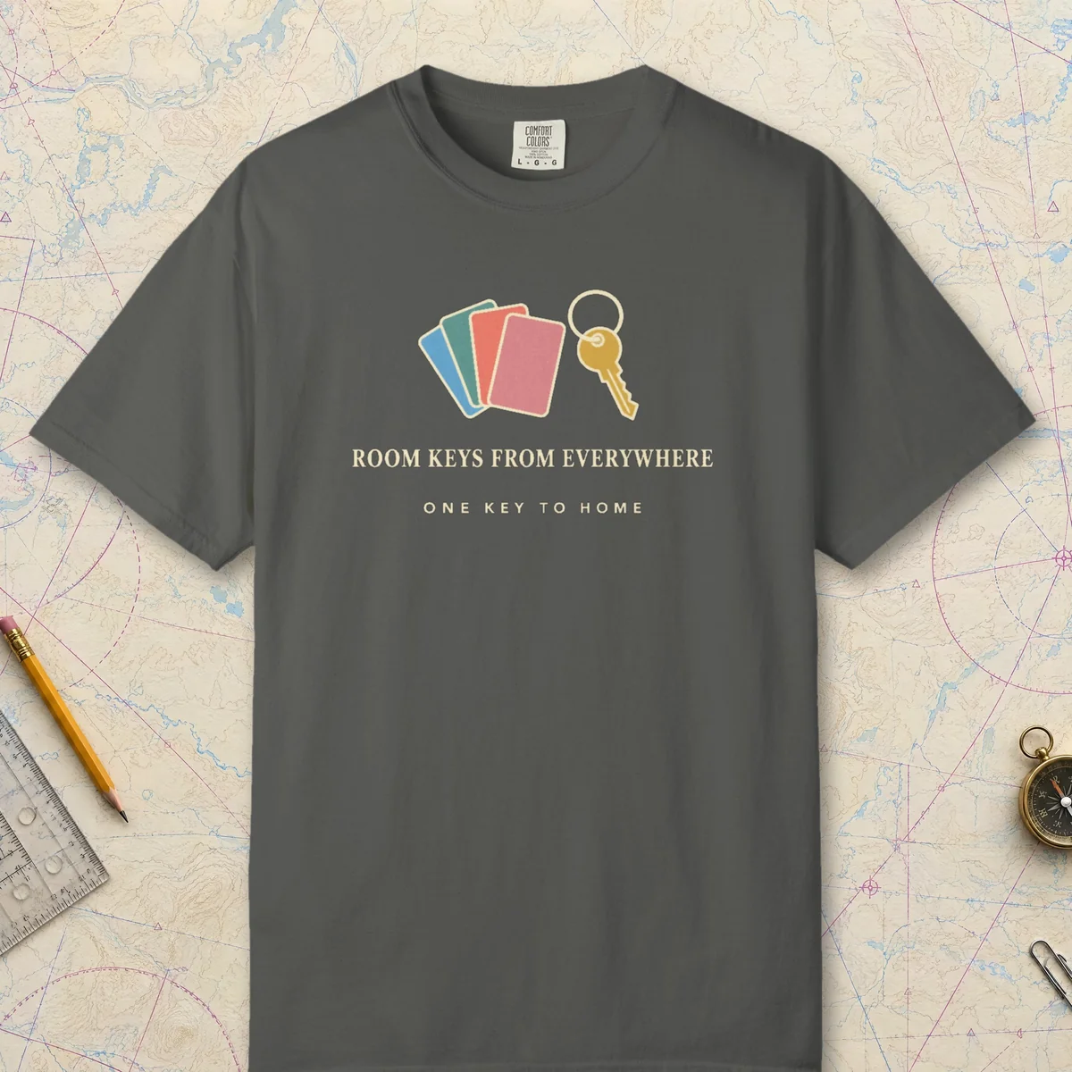 Room Keys from Everywhere Tee in Pepper, front view