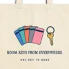 Close-up of the Room Keys from Everywhere design printed in navy ink on a natural canvas tote, with the top seam and handles