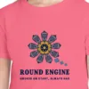 round-engine-kids-tee-crunchberry-chest Close-up of the Round Engine design on the Crunchberry kids tee, Comfort Colors 9018 youth tee, with the neckline