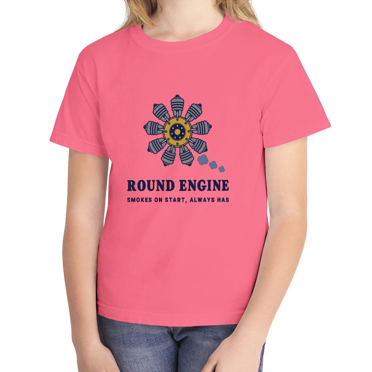 Round Engine kids tee in Crunchberry, Comfort Colors 9018 youth tee, front view