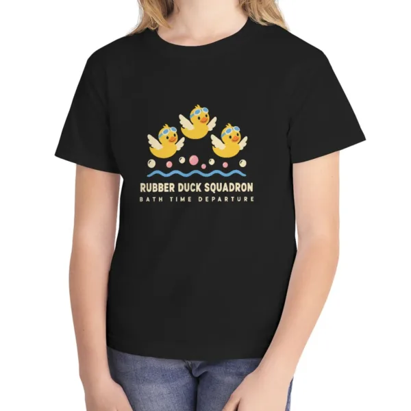 Rubber Duck Squadron kids tee in Black, Comfort Colors 9018 youth tee, front view