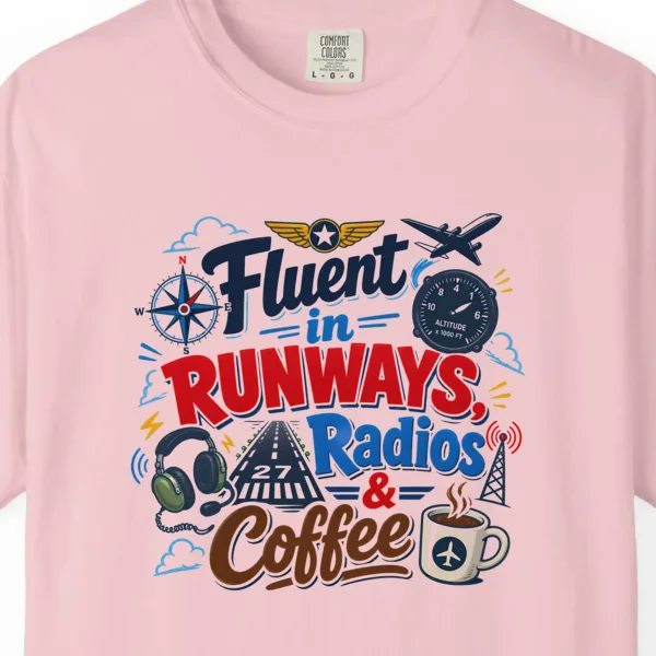 runways-radios-and-coffee-compass-tee-blossom-chest Runways Radios and Coffee Compass Tee in Blossom, close-up