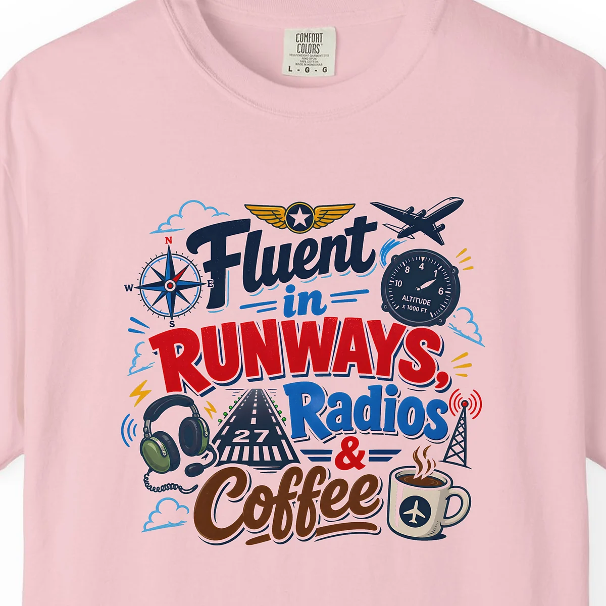 Runways Radios and Coffee Compass Tee in Blossom, close-up