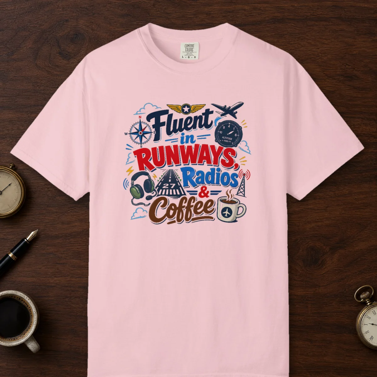 Runways Radios and Coffee Compass Tee in Blossom, front view
