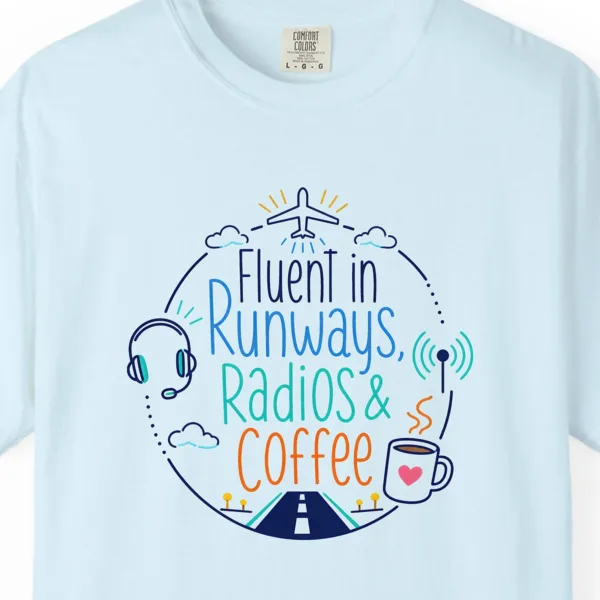 runways-radios-and-coffee-roundel-tee-chambray-chest Runways Radios and Coffee Roundel Tee in Chambray, close-up