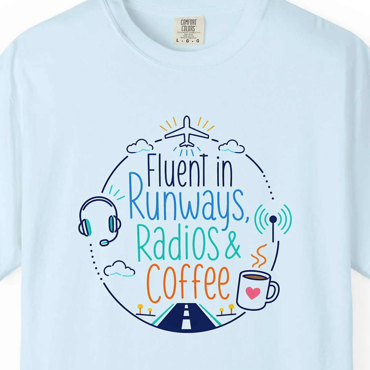 runways-radios-and-coffee-roundel-tee-chambray-chest Runways Radios and Coffee Roundel Tee in Chambray, close-up