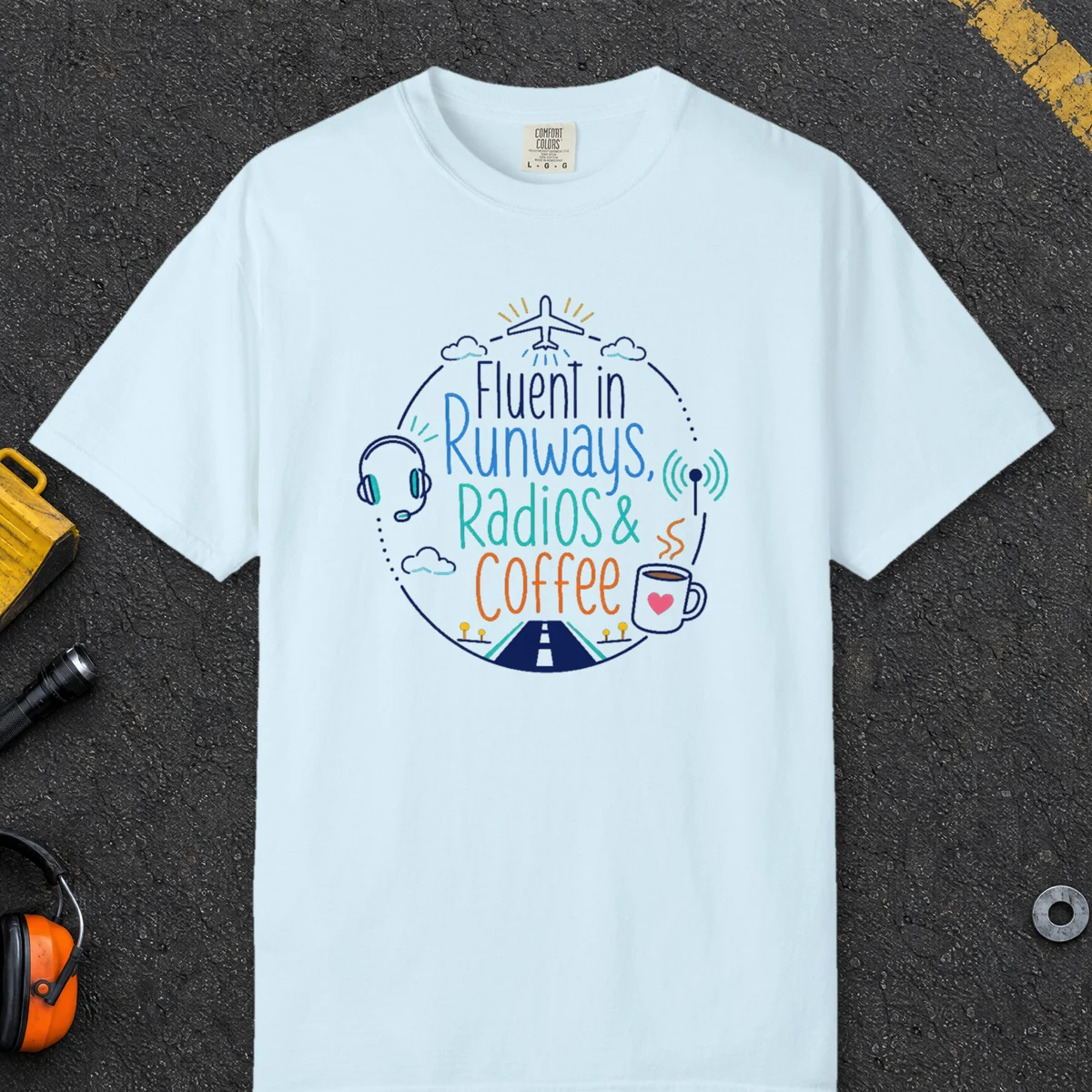 Runways Radios and Coffee Roundel Tee in Chambray, front view
