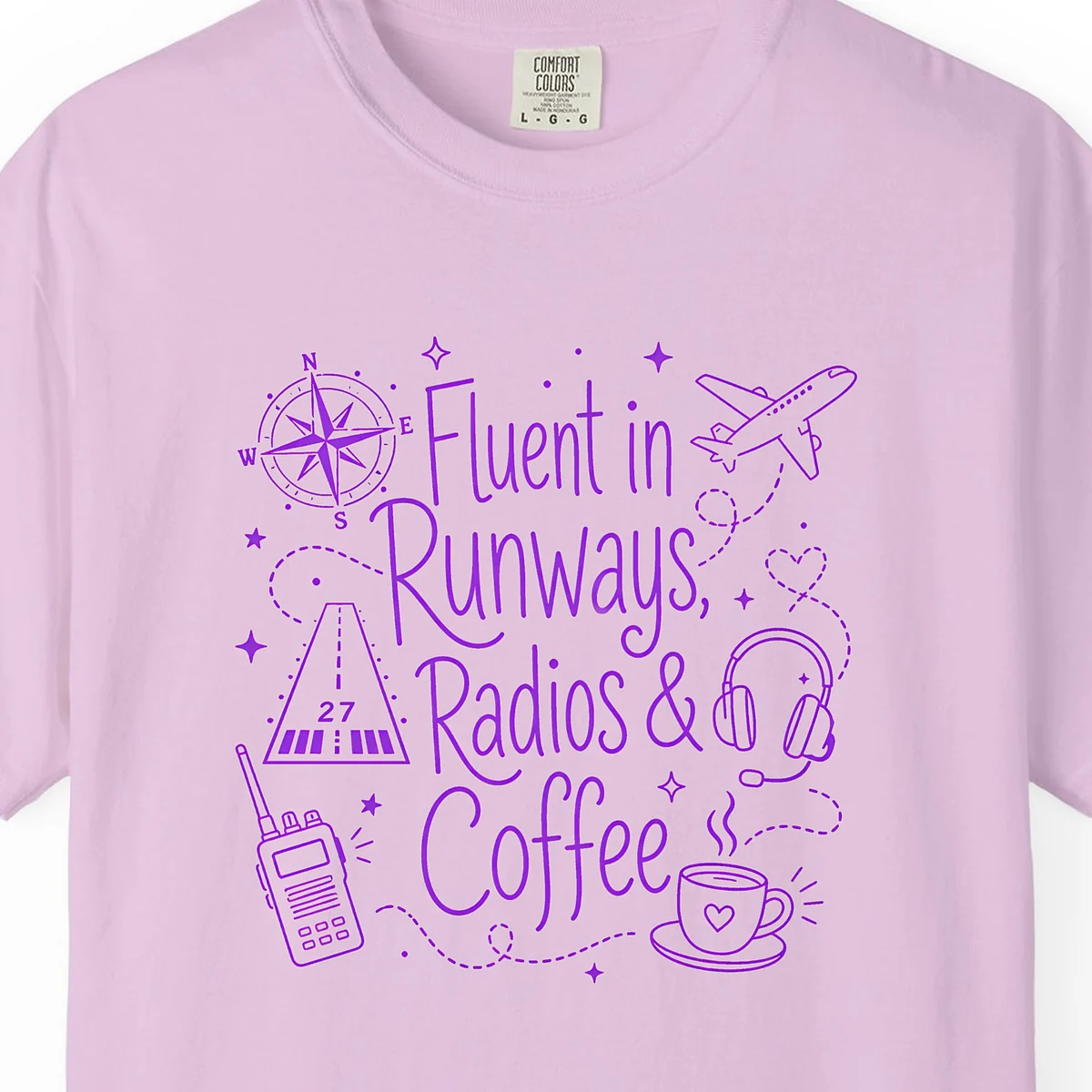 runways-radios-and-coffee-violet-tee-orchid-chest Runways Radios and Coffee Violet Tee in Orchid, close-up