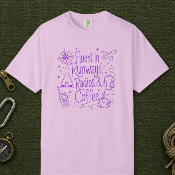 Runways Radios and Coffee Violet Tee in Orchid, front view
