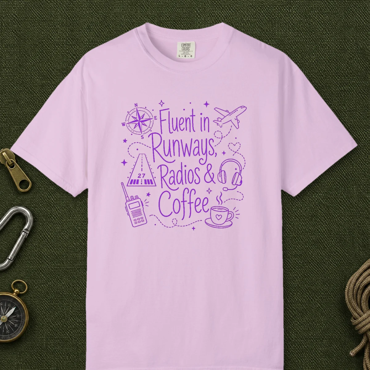 Runways Radios and Coffee Violet Tee in Orchid, front view